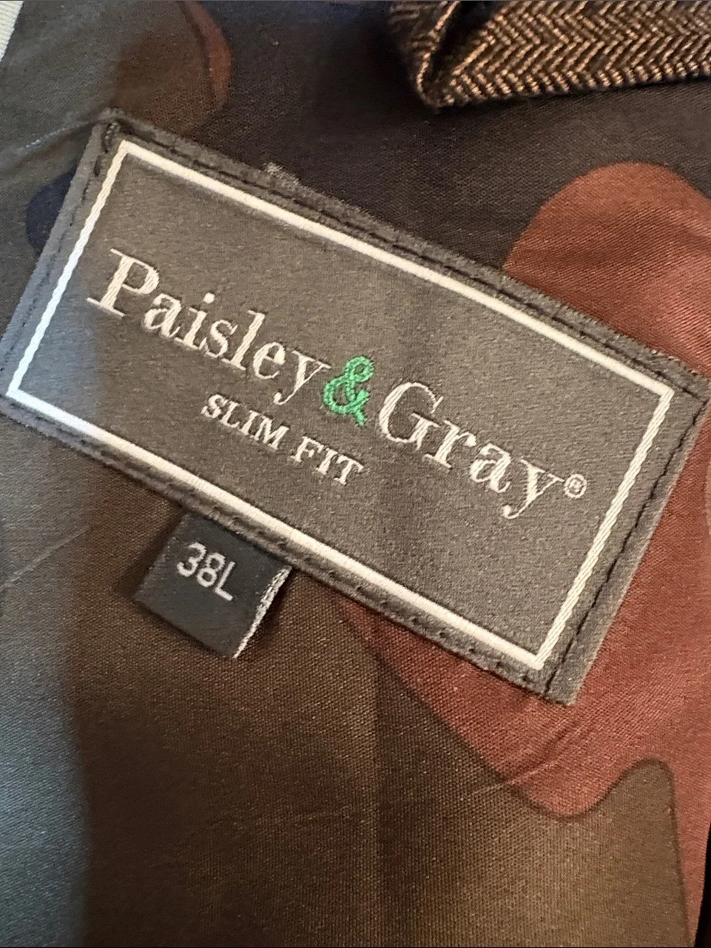 Paisley and Gray Slim Fit Blazer Tan Butterfly Camo Lining business casual 38L